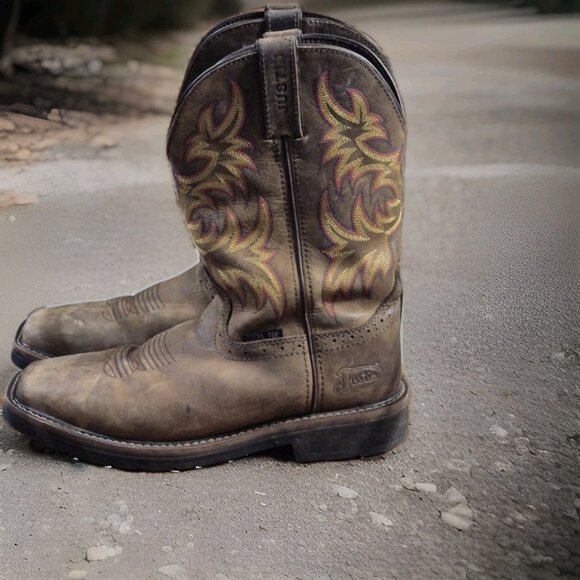 Justin Stampede Brown Leather Square Toe Western Cowboy Boots Mens Size 9.5 EE